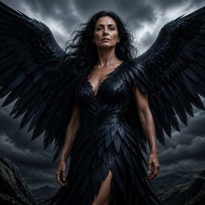 Fais moi une deesse et fort avec des cheveux noir et agé et des ailes de corbeau noir bleuté immenses, elle est habille en plumes de corbeau sans bijou elle représente la deesese de l’aire c’est une humain avec des yeux des ailes et une tenue en ailes, elle a pas de frange ses cheveux sont noir et long, elle a la 50 ene, elle est realiste 