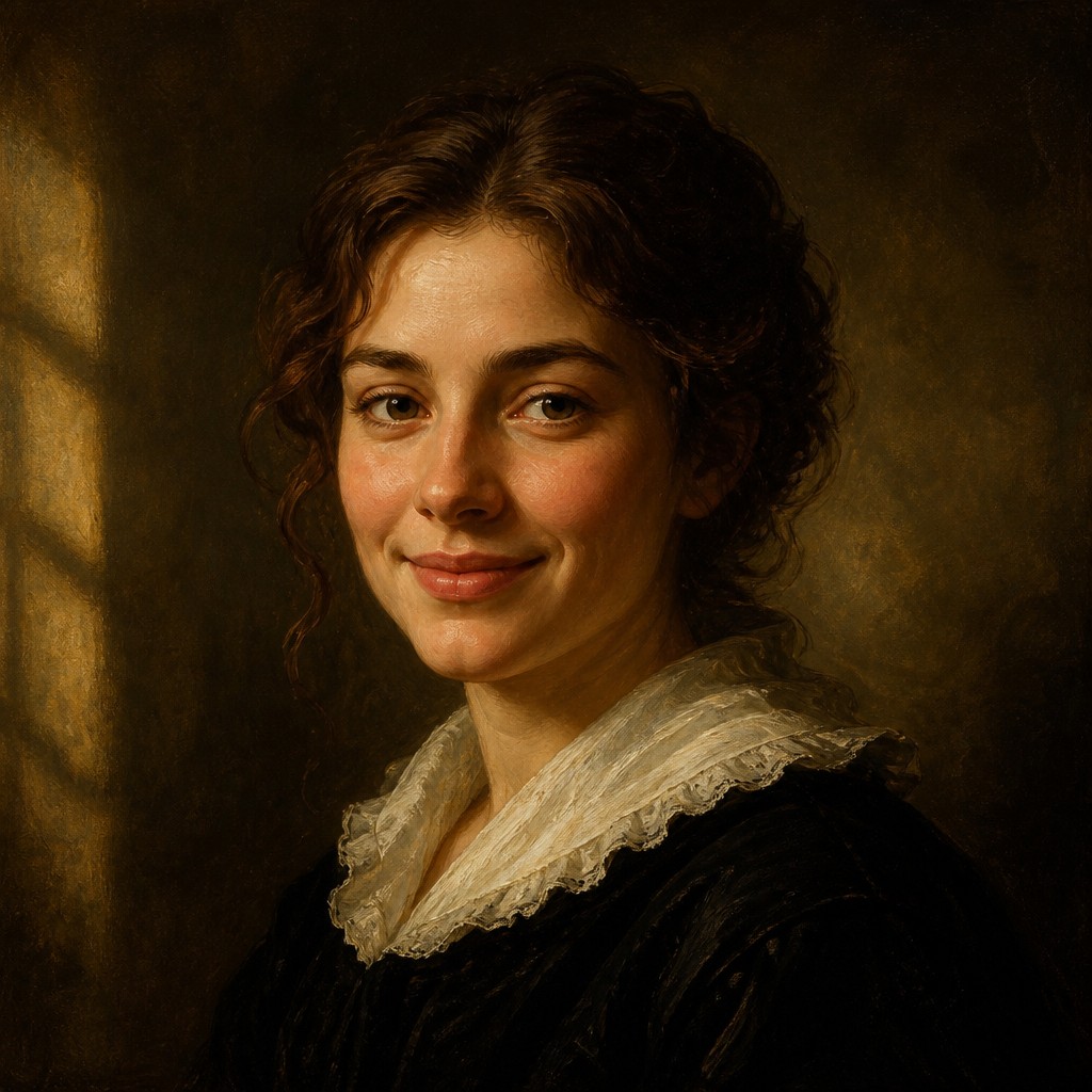 head-and-shoulders portrait of an original character: a young woman with wavy chestnut hair and a warm smile, plain soft backdrop