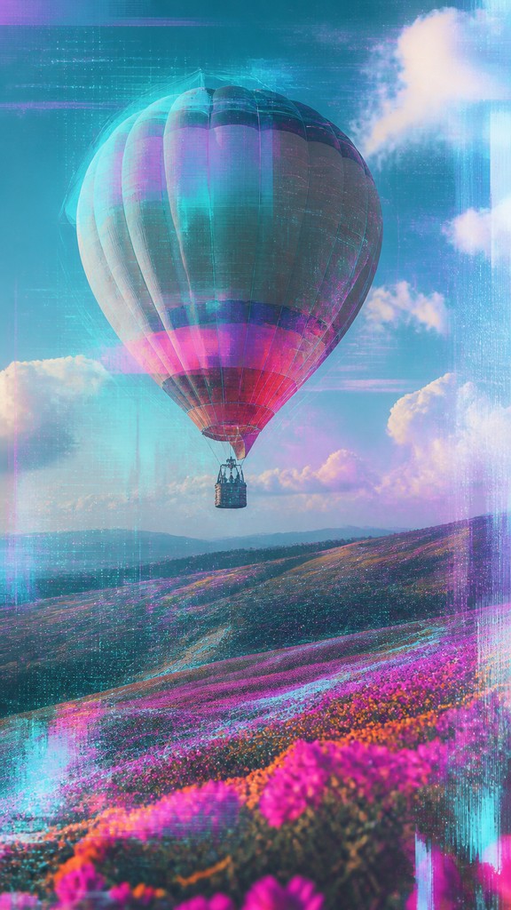a hot air balloon drifting over rolling flower fields on a sunny day, cheerful, no text