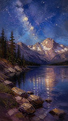 a tranquil mountain lake beneath a starry night sky, no people, no text