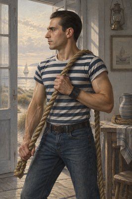 a painting of a man holding a rope