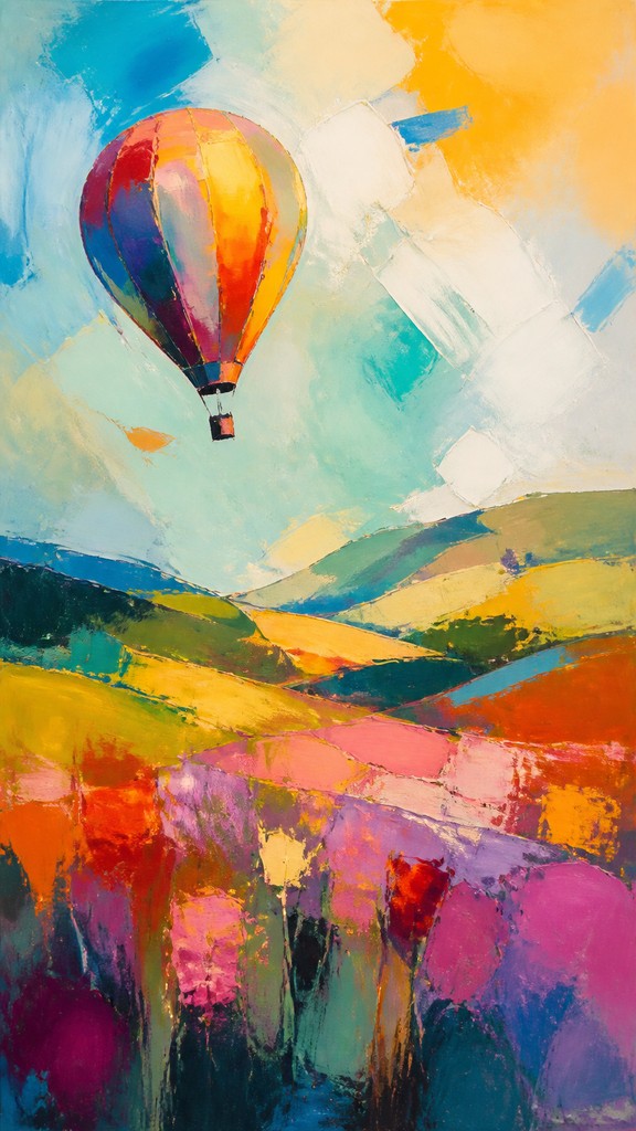 a hot air balloon drifting over rolling flower fields on a sunny day, cheerful, no text