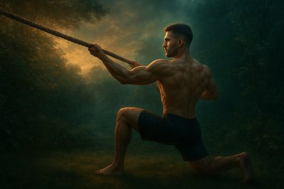 a man holding onto a rope in a forest