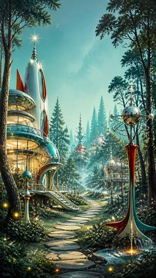 a mysterious forest path with fireflies and drifting mist, atmospheric vertical composition with open space at the top, no text