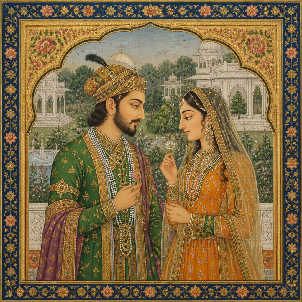 portrait of two people together — Mughal Miniature Art Style