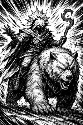 a black and white drawing of a man riding a bear