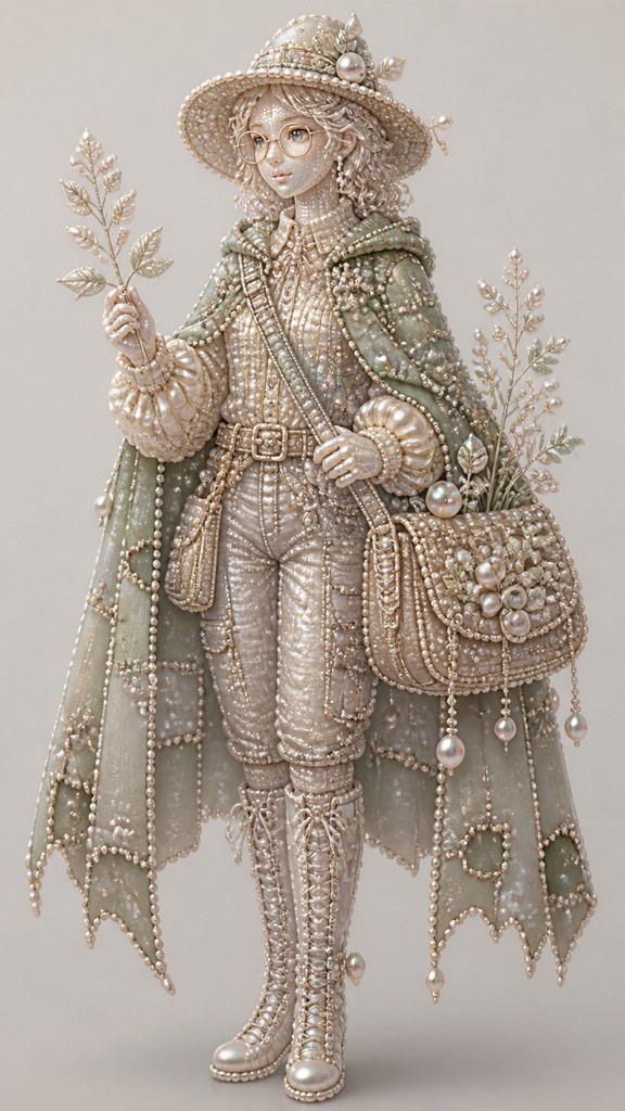 full-body original character: a wandering botanist with a satchel of plants, a patched green cloak, tall boots and round glasses, neutral background