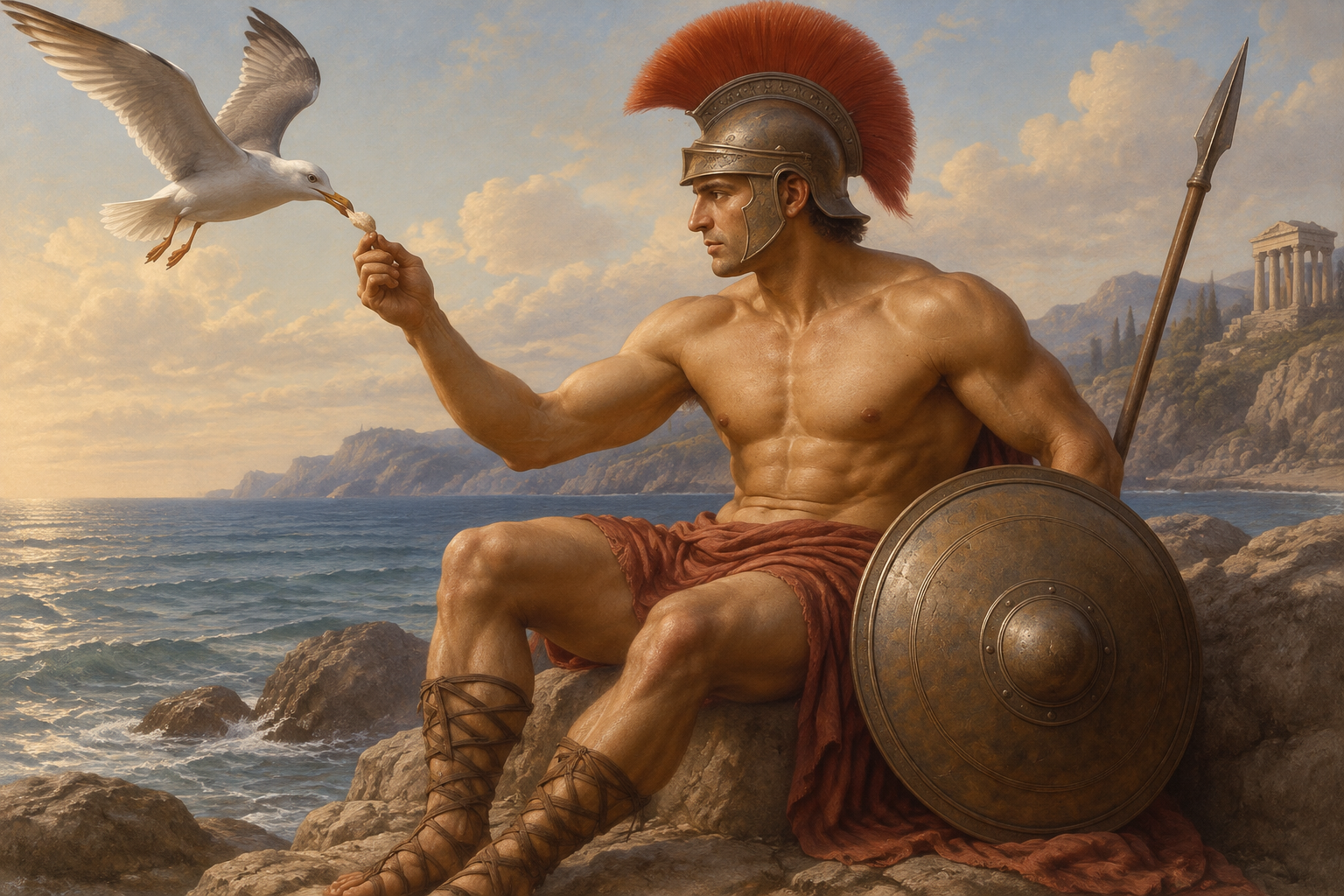 a painting of a man sitting on a rock next to a bird