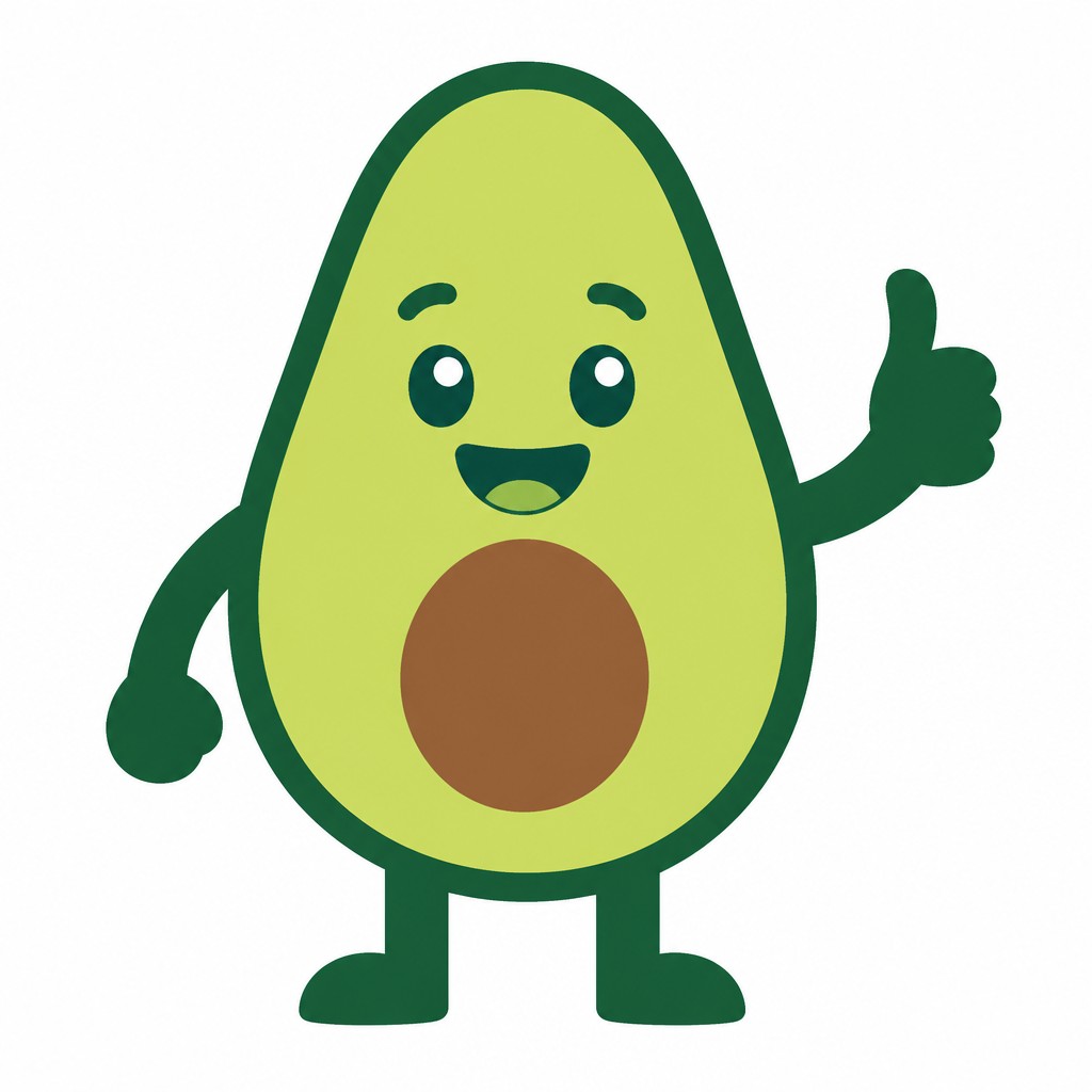 a happy avocado character giving a thumbs up, bold readable design on a plain background, no text