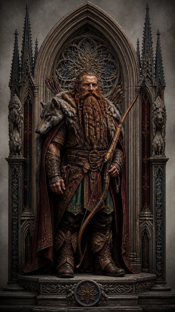 full-body original character: a dwarven ranger with a braided auburn beard, worn leather armor, a longbow and a wolf-pelt cloak, neutral background, no text
