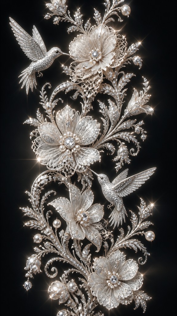 a climbing vine of flowers and hummingbirds on a dark background, tall wrapping composition, no text