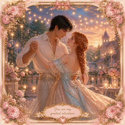 an original couple dancing under string lights in a garden at dusk: a man with short black hair in a linen shirt and a woman with braided red hair in a summer dress