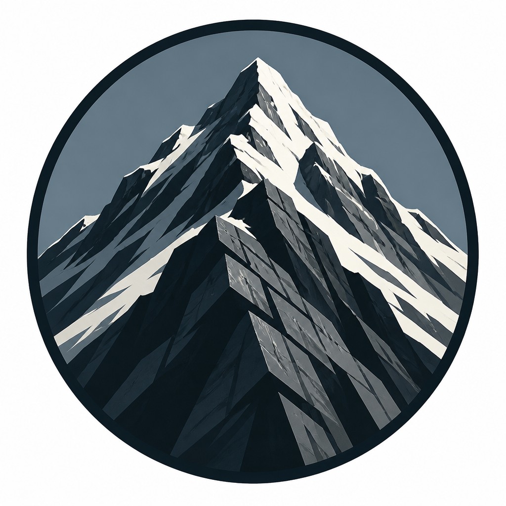 an emblem of a mountain peak inside a circle, simple bold shapes on a plain background, no text or lettering