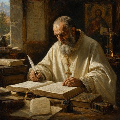 Augustine of Hippo in a white robe writing his commentaries on the Sacred Scriptures