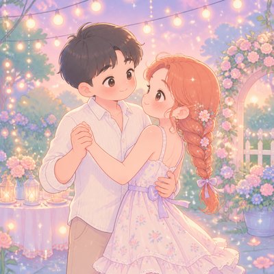 an original couple dancing under string lights in a garden at dusk: a man with short black hair in a linen shirt and a woman with braided red hair in a summer dress