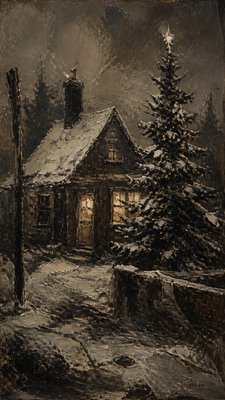 a snow-covered cottage with warm glowing windows beside a decorated pine tree, gentle snowfall, no text