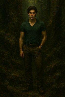 a man standing in the middle of a forest