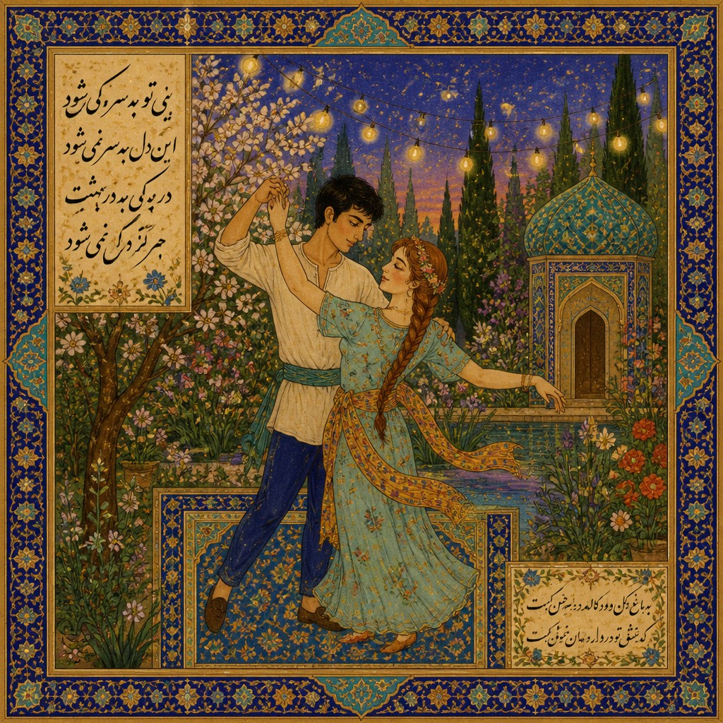 an original couple dancing under string lights in a garden at dusk: a man with short black hair in a linen shirt and a woman with braided red hair in a summer dress