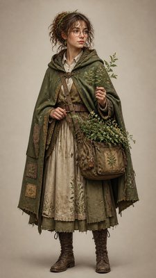 full-body original character: a wandering botanist with a satchel of plants, a patched green cloak, tall boots and round glasses, neutral background