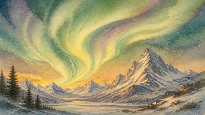 a flowing aurora over snowy peaks, wide sweeping composition, no people, no text