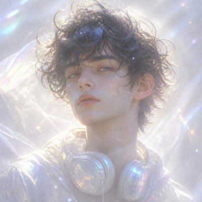 head-and-shoulders portrait of an original character: a young man with curly dark hair and headphones around his neck, plain backdrop, no text