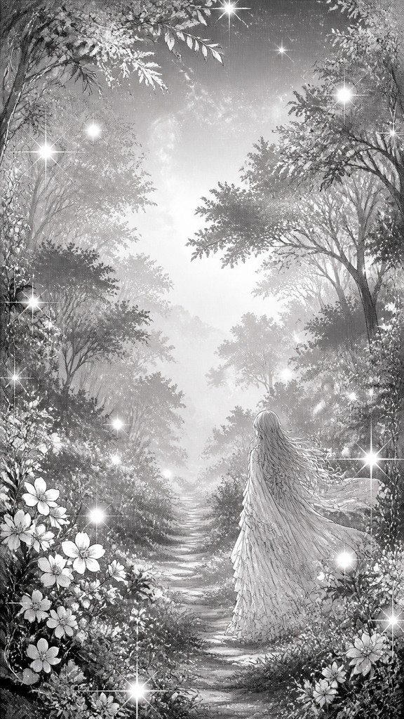 a mysterious forest path with fireflies and drifting mist, atmospheric vertical composition with open space at the top, no text