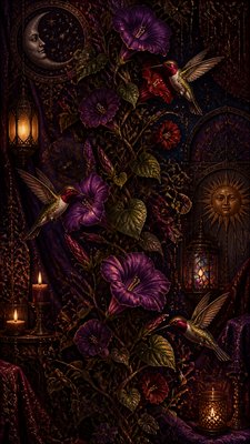 a climbing vine of flowers and hummingbirds on a dark background, tall wrapping composition, no text