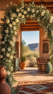 an arch of white roses and eucalyptus in soft morning light, elegant vertical composition with open space, no text