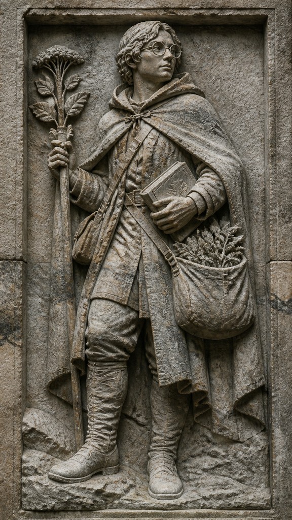 full-body original character: a wandering botanist with a satchel of plants, a patched green cloak, tall boots and round glasses, neutral background