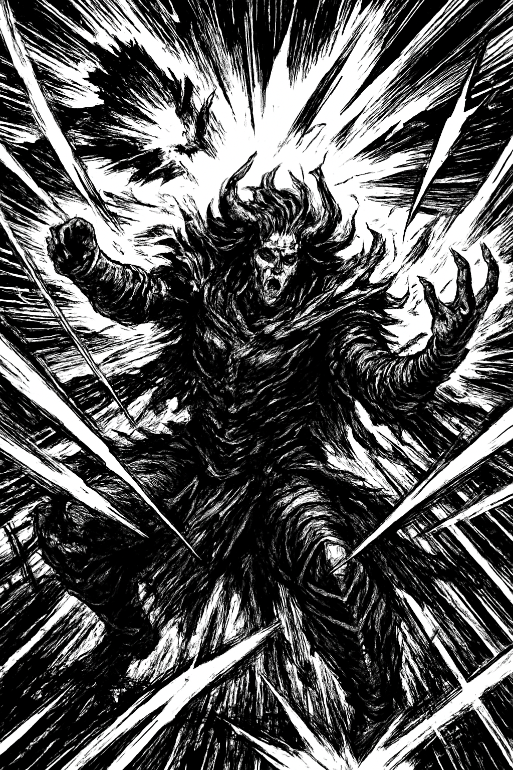 a black and white drawing of a demon