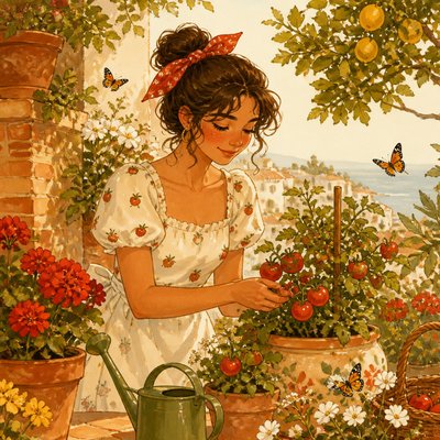 a garden scene with butterflies, flowers and a watering can, clean uncolored line art, no text