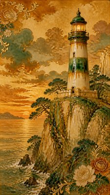 a lone lighthouse on a cliff at dusk under a dramatic sky, no text or lettering