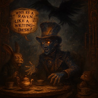 A low-angle, hyper-detailed tableau of the Mad Hatter's Tea Party, viewed under a dark, star-filled sky. The Mad Hatter sits at the table, his features not quite human, but constructed entirely from brilliant indigo and gold cosmic dust, representing the constellation Lepus. His top hat is a vortex of nebula, and one eye burns intensely—a specific star named "The Mad."

The Hatter is caught mid-sentence, demanding, "Why is a raven like a writing-desk?" As he speaks, his hands, which were merely starry, begin to shed their light, and the true form is revealed: the lower half of his coat and chair morph into coiling, dark serpentine scales, twisting around the table leg. The March Hare and Dormouse are frozen in terror. Above the table, a Raven made of pitch-black night materializes, its shadow falling directly over the Hatter. The entire scene is vibrating with the furious energy of a creature—the ancient serpent—who knows his time has been irrevocably stopped.

Style: Cinematic dark fantasy, astronomical realism, oil painting texture, emphasis on the contrast between the cold cosmic starlight and the dark, furious energy of the serpentine transformation.