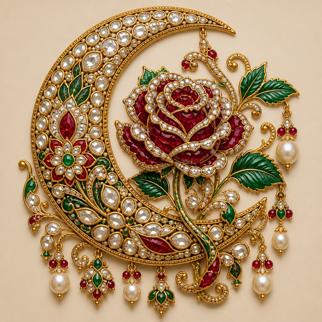 a rose entwined with a crescent moon, clean balanced composition on a plain background, no text