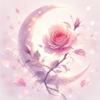 a rose entwined with a crescent moon, clean balanced composition on a plain background, no text
