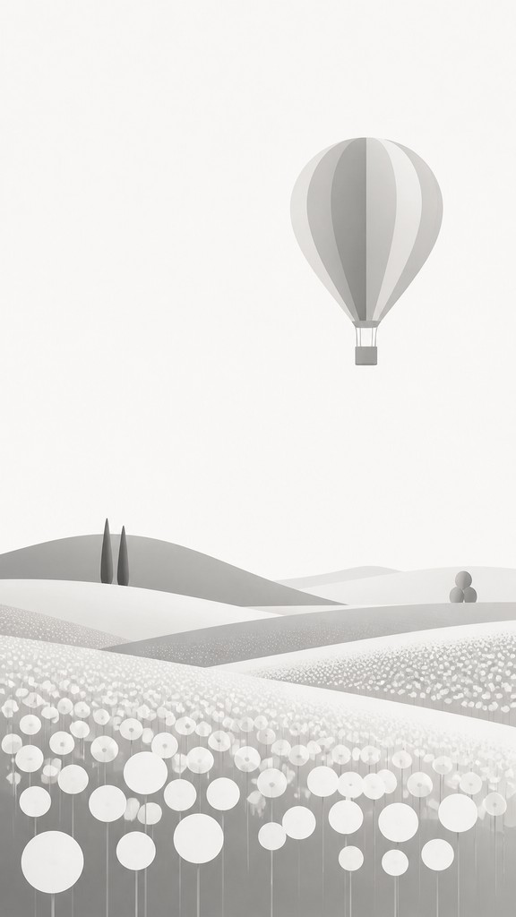 a hot air balloon drifting over rolling flower fields on a sunny day, cheerful, no text