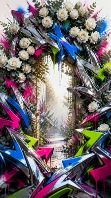 an arch of white roses and eucalyptus in soft morning light, elegant vertical composition with open space, no text