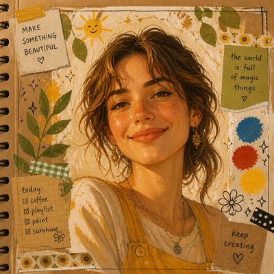 head-and-shoulders portrait of an original character: a young woman with wavy chestnut hair and a warm smile, plain soft backdrop