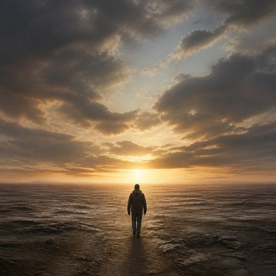 a solitary figure walking toward a glowing horizon across an empty plain, moody atmosphere, no text or lettering