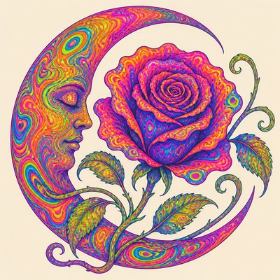 a rose entwined with a crescent moon, clean balanced composition on a plain background, no text