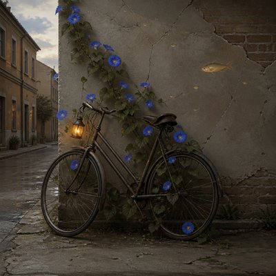 bicyle resting against a wall — Magical Realism Art Style