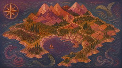 a map of an island realm with mountains, forests, a sheltered bay, sea monsters in the water and a compass rose, no text labels