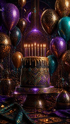 a birthday cake with lit candles surrounded by balloons and confetti, festive vertical composition, no text