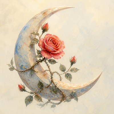 a rose entwined with a crescent moon, clean balanced composition on a plain background, no text