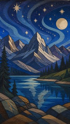 a tranquil mountain lake beneath a starry night sky, no people, no text