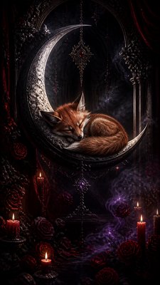 a sleeping baby fox curled on a crescent moon among soft stars, gentle and warm, no text