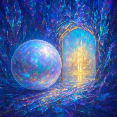 A profoundly symbolic and awe-inspiring depiction of a colossal, luminous pearl which rolls to open a gate in the New Jerusalem, captured in the dynamic act of rolling away, similar to the stone being moved from Christ's tomb. The gate, a single, immense, perfectly spherical pearl, is shown mid-motion, having just been set aside from the entrance, revealing the glorious city beyond. The pearl and the entrance opening are the same size.

The pearl itself glows with an intense, soft iridescence, reflecting the divine light. Its surface shows subtle, exquisite details of mother-of-pearl. The frame or opening from which it has rolled away is visible, perhaps showing immense, smooth tracks or channels in the transparent gold structure of the city wall, reinforcing the idea of its monumental movement.

Through the now open gate, the radiant glory of the New Jerusalem streams forth. Pure gold streets, like transparent glass, extend into the city, illuminated by an intense, divine light that emanates from within. Heavenly architecture, impossibly beautiful and intricate, is glimpsed in the distance, beckoning. The atmosphere is one of profound sanctity, triumphant revelation, and welcoming access to the divine, with the act of the pearl rolling away symbolizing a breakthrough or an open invitation. The lighting is ethereal and grand, emphasizing the pearl's luster and the city's overwhelming glory."