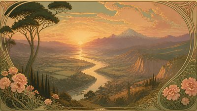 a vast valley with a river winding toward distant mountains at sunrise, no people, no text