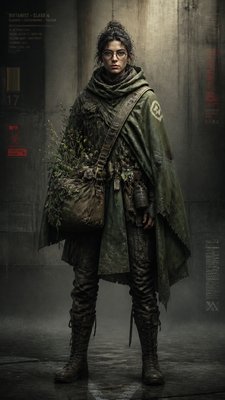 full-body original character: a wandering botanist with a satchel of plants, a patched green cloak, tall boots and round glasses, neutral background