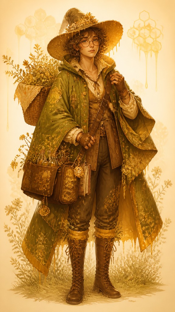 full-body original character: a wandering botanist with a satchel of plants, a patched green cloak, tall boots and round glasses, neutral background